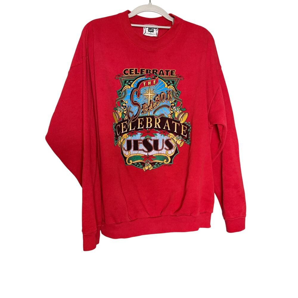Vintage 90s Lee Red Pullover sweater Celebrate‎ the season celebrate jesus